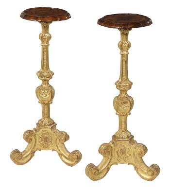Pair Of Continental Walnut And Giltwood Torcheres by 
																	 Unknown Metalware Maker